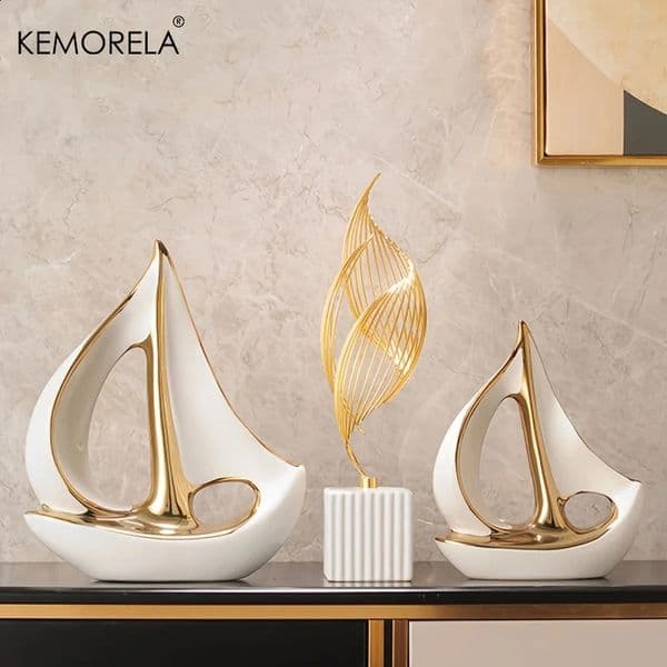 Ceramics y Sailboat Sculpture Postmodern Living Room Ornaments Office Desk Accessories Decorative Boat Figurines Craft 260520