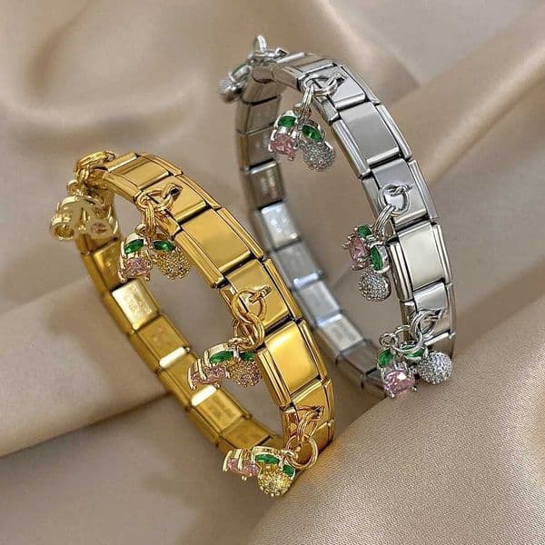 Luxury Stainless Steel Cuff Bangles For Women Men Fashion Inlay Zircon Cherry Pendant Elastic Adjustable Waterproof H260520