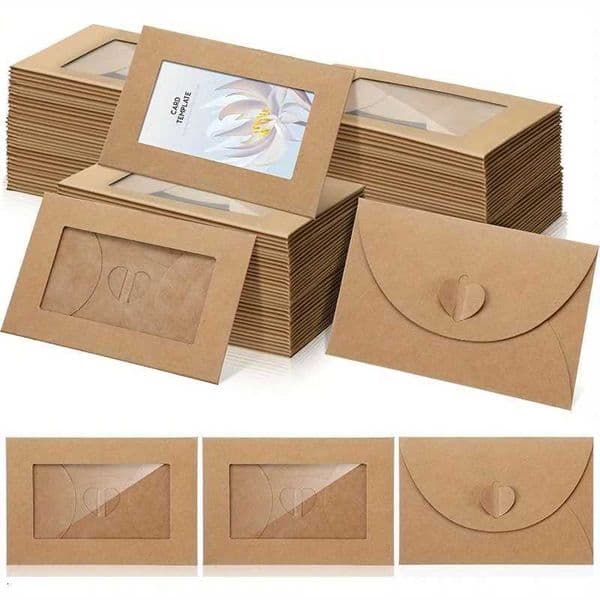 50/100pcs Mini Seedling Kraft Paper Gift Card Envelopes with Heart Clasp 102x71cm Thank You Cards for Weddings Corporate Event L260520