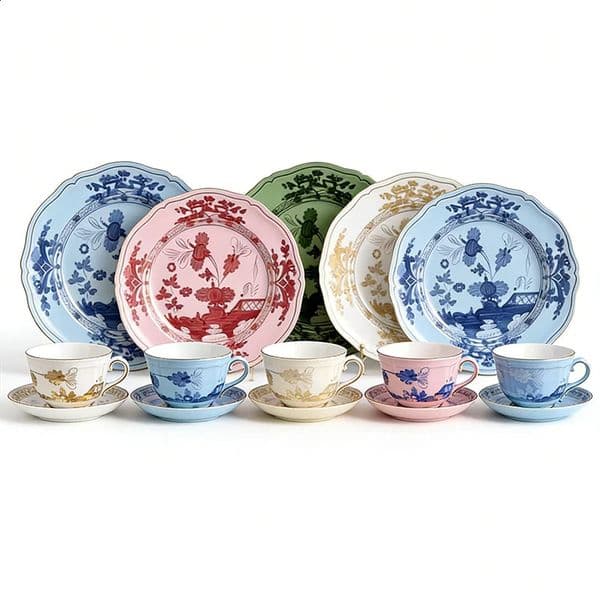 Highend Oriental Series Coffee Cup and Saucer Ceramic Mug Pink Yellow Blue Green Printed Plates Tea Set Gift Box Souvenir 260520