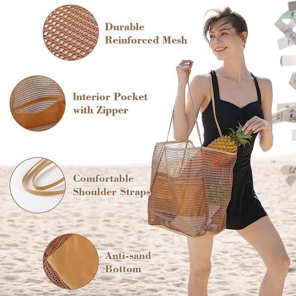 Summer Women Mesh Storage Bags Tote Bag Large Capacity Design Zipper Pocket Travel Swimming Pool Vacation Shoulder bag