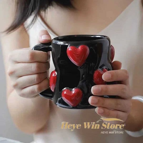 3D Heart-shaped Design Vintage Ceramic Mug Cute Large Capacity 3D Embossed Coffee Cup Kitchen Drinkware Set H260520