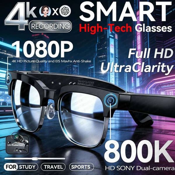 New 4K HD 800W Camera Smart Men 100+Language Translation 1080P Shoot Video WIFI Transmission Music Player Call Glasses Smart Glasses