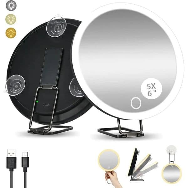 360 Adjustable Stand Magnifying Mirror with Light HighDefinition Foldable LED Makeup 3 Color Wall Hanging 260520