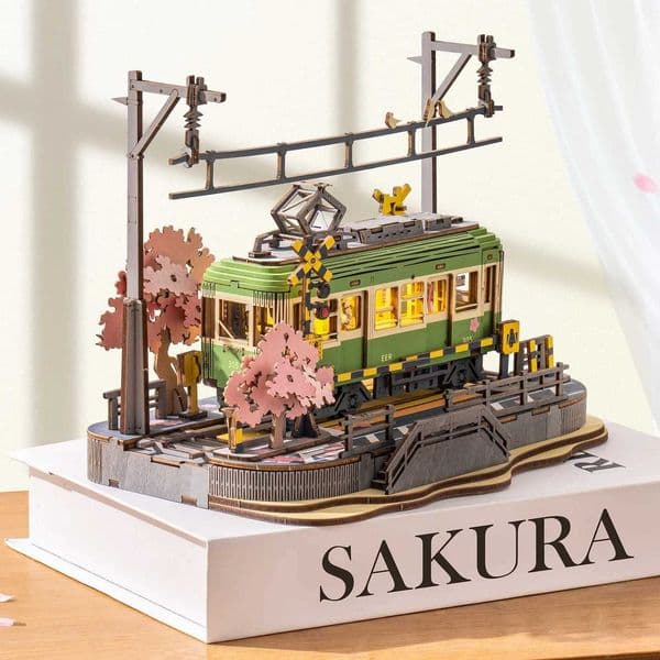 Rolife Wooden 3D Puzzle Sakura Journey Tram DIY Model Building Toy with LED for Bookshelf Home Decor Gifts for Adults Family M260520