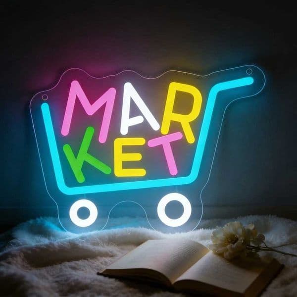 MARKET Colorful Shopping Cart LED Neon Sign for Home Decor Bar Cafe Bedroom Shop Lighting Cozy Romantic Ambiance Wall Art Gift H260520