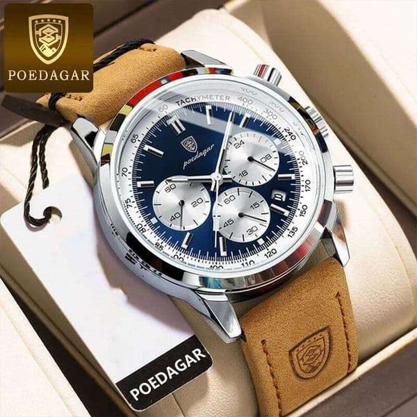 POEDAGAR Advanced waterproof calendar night light timer business luxury fashion men's leather watch 26Y0520