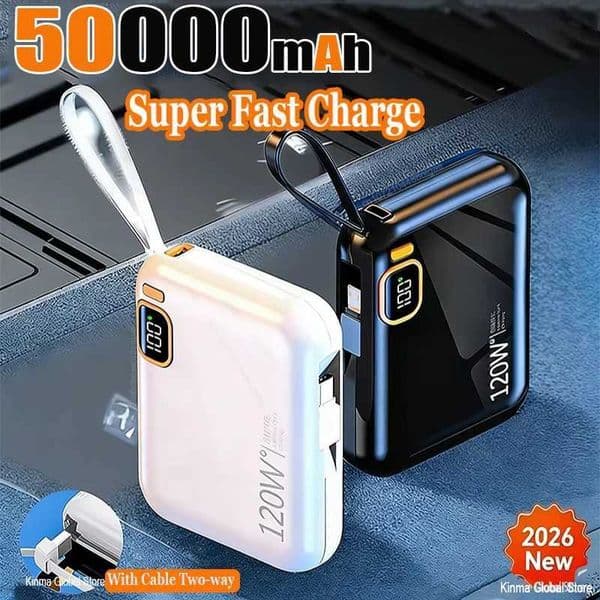 120W 50000mAh Portable Power Bank High Capacity Cable Two-way Fast Charging Mini Powerbank for iPhone Samsung New T260520