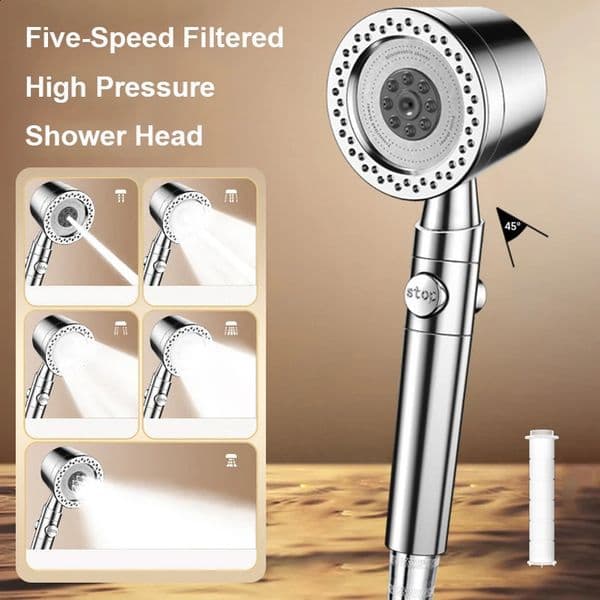 Black Silver 5 Modes High Pressure Filter Shower Head Water Saving With Stop Button Handheld Shower Head Bathroom Accessorie 260519