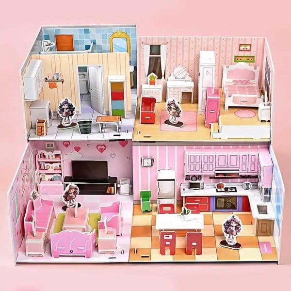 Creative Personalities Cardboard DIY Puzzle Dollhouse Room 3D Paper Puzzle Room Pretend Play Paper Doll House M260520