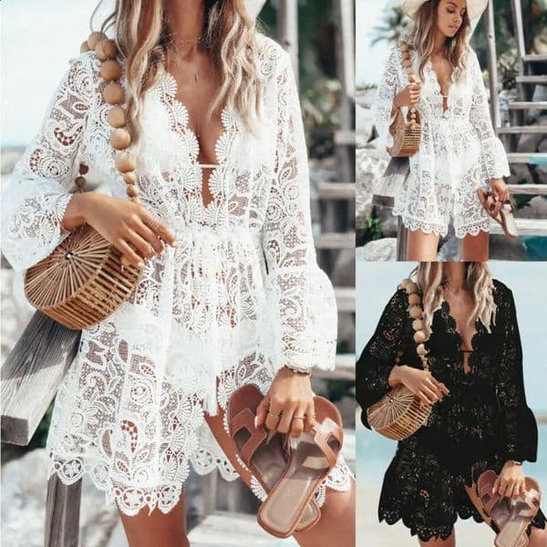 Women Sheer Bikini Cover Up Swimwear Sexy Lace Floral Swimsuit Bathing Suit Casual Loose Solid Summer Female Short Beach Dress 260520