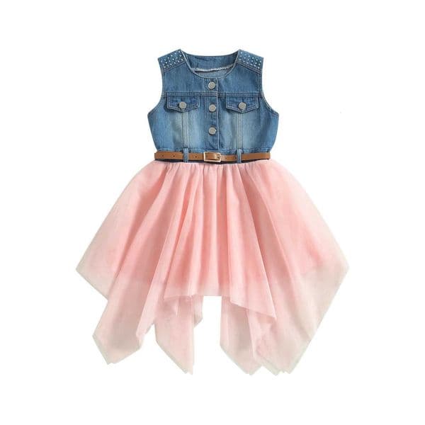 Pudcoco Toddler Kids Baby Girls Summer Patchwork Dress Sleeveless O Neck Button Mesh Denim Dress with Belt 2-7TZHR260520