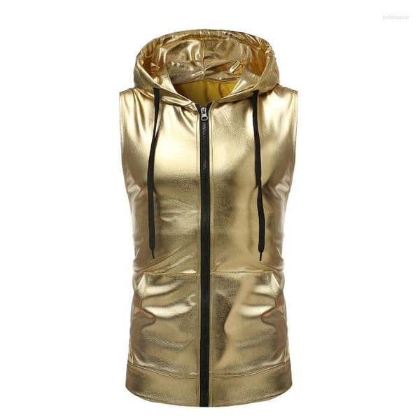 Men's Tank Tops 2026 Trendy Bright Color Hooded Drawstring Sleeveless Vest For Men Gold/silver Zipper Shiny Dance Mens Loose Plus Size
