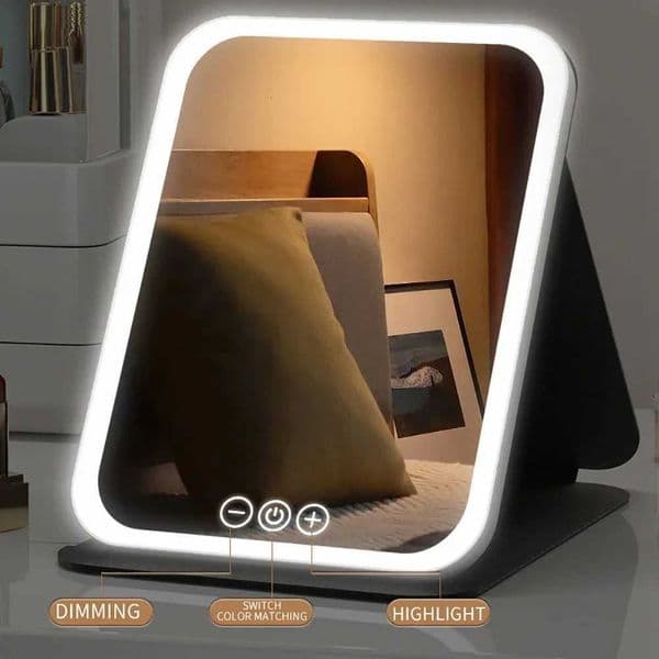 LED Dimmable Makeup Mirror 3 Colors Light Modes Adjustable Brightness USB Charging Foldable Vanity Mirror for Travel HomeT260520