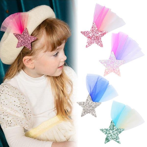 Princess-style glitter star side clip for children, girls' net lace side hair clip, baby photo styling hairpin