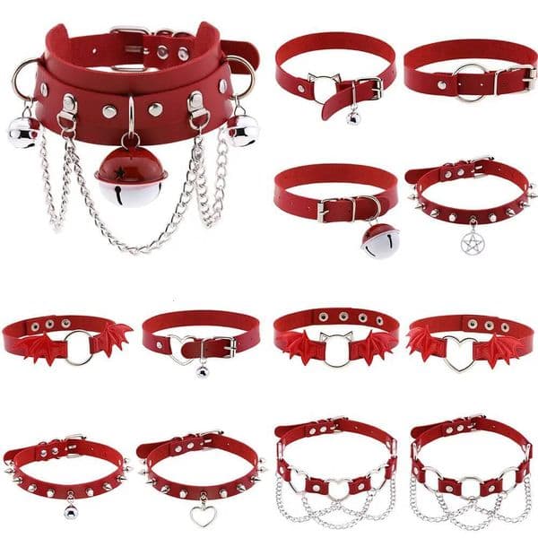 2026 New Red Leather Spiked Choker Punk Collar Women Men Bat Heart Chocker Chunky Necklace Goth Jewelry Metal Gothic Emo Accessories