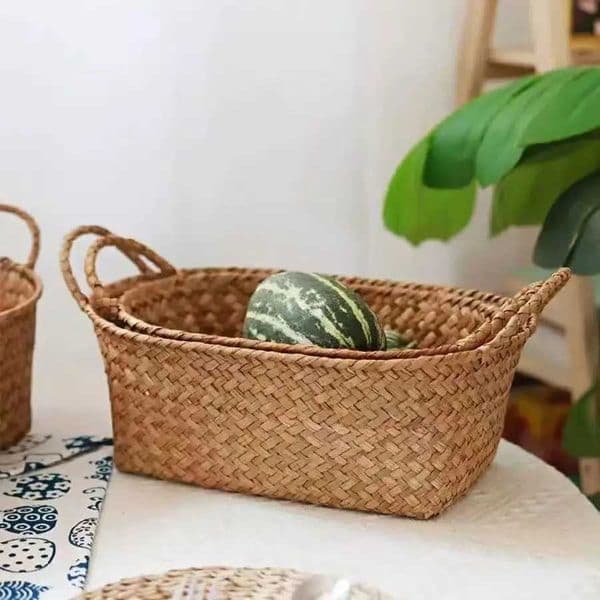 Woven Storage Basket for Fruits And Snacks Double-Handled Rattan Basket for Organizing Miscellaneous Items Shelf BasketsZHR260520