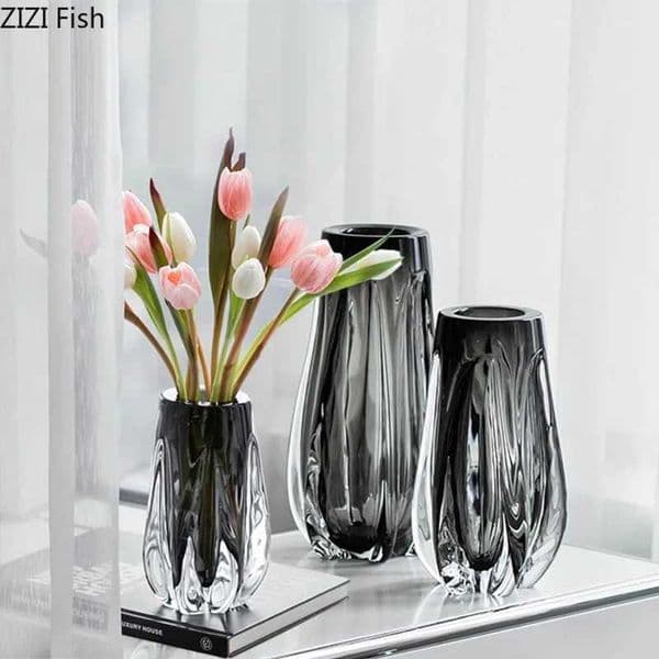 Minimalism Gray Glass Vase Hydroponics Flower Pots Desk Decoration Crafts Flowers Arrangement Floral Vases Room Aesthetic Decor L260520