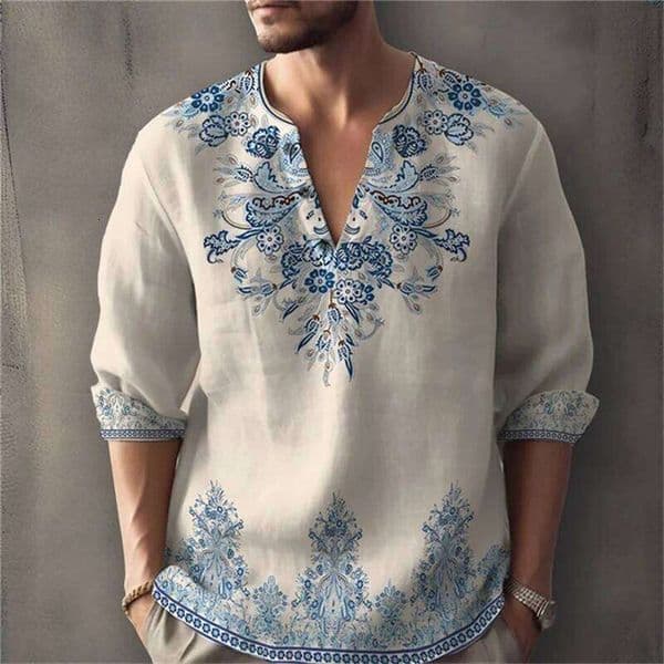 Summer New Retro Fashion Printed Long-Sleeve Shirt, Henley Collar, Loose Fit, Plus Size, Vacation Casual Men's Top, XS-6XL W260520