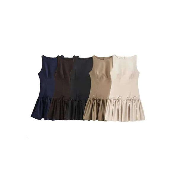 Women's Ruffled Mini Dress with Bows, O Neck, Sleeveless, Back Zipper, Female Dresses, Chic Fashion 26W0520