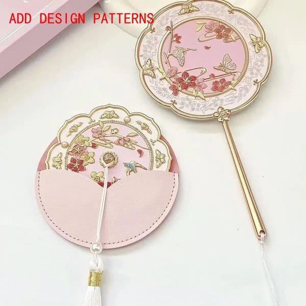 Designer Custom Elegant Chinese Style Alloy Hand Peach Blossom Embossed Portable Compact Retro Vanity Mirror With art Leather Sleeve+Tassel Free Shipping 3