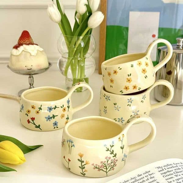 Korean Style Ceramic Mug Cute Hand Pinched Irregular Small Flower Pattern Coffee Cup Breakfast Milk Tea Cups Gift for Kids Girls H260520