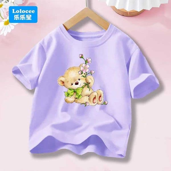 Cute Bear Print Crew Neck Tops Girls Short Sleeve cartoon Fashion T-shirt KAWaii Kids Clothing J260520
