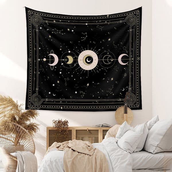 Boho Celestial Wall Hanging Tapestry, Moon Phase Black and White Banner with Tassel, Witchy Bedroom Home Wall Art Decoration