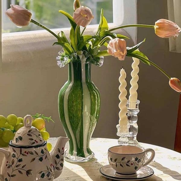 Green Lace Glass Vase Ornaments Light Luxury Retro Living Room Desktop Flower Arrangement Decoration L260520