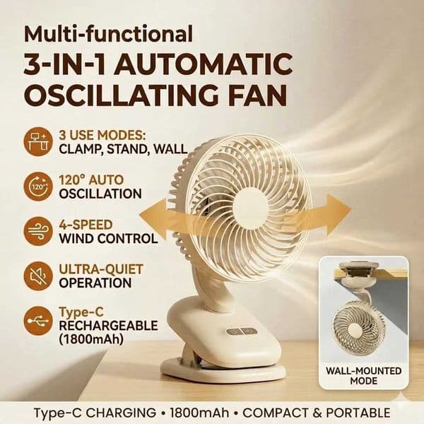 Clip on Fan Stroller Fan 1800mAh Rechargeable Portable Fan with 4 Speeds 120 Auto Oscillation Desk Fan T260520