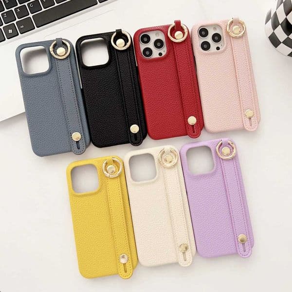 Shockproof Litchi Leather Hand Strap Case For iPhone 16 Pro Max 15 14 13 12 Wristband Kickstand Ring Holder Phone Cover FundaZHR260520