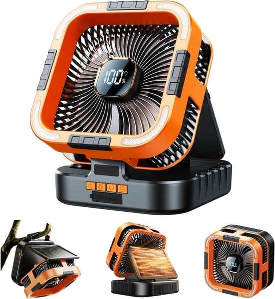 Portable Solar Camping Fan with Light 10000mAh Battery 6 Speeds Timer Oscillation for Outdoor Use T260520