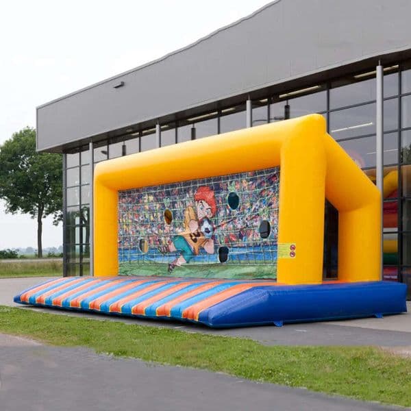 Inflatable Bouncer For Rental Business Wholesale Removable Sticker Yellow Inflatable Soccer Goal Frame With Blue Bottom Bed For Football Match Shot On Sale