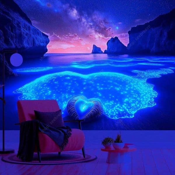 Glowing Beach and Starry Sky UV Tapestry Luminous Ocean Night Scene Wall Art for Bedroom Living Room Decor Fantasy Design 26W0519