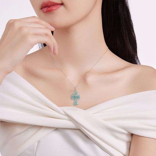 Original Natural A-Grade Jadeite Blue Water Cross Jade Pendant Necklace For Men And Women, Fashionable Jewelry From Sihui Jade