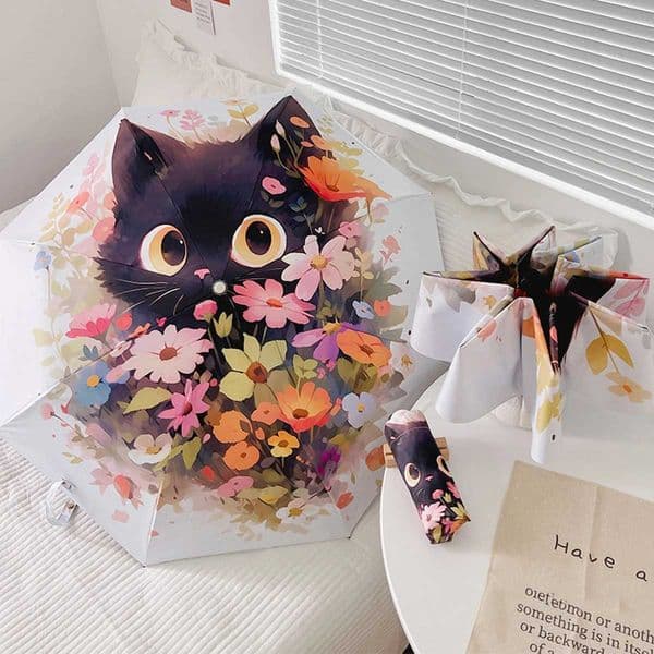 Automatic Folding Umbrella with Bouquet Cat Cartoon - UV Protection Rain Shine Umbrella for Women Portable Sunshade C260520