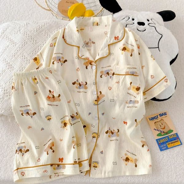 Korean Simple Casual Summer Womens Pajamas Set Cat Cap Dog Letter Print Short Thin Sleepwear Sweet Cute Fashion 260520