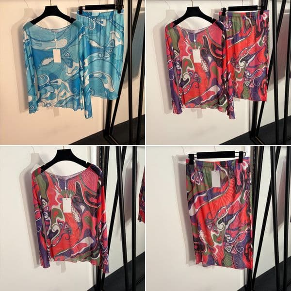 Colorblock Pattern Blouses Skirts Set Summer Designer Undershirt Dress Luxury Print Beach Blouses Luxury Mesh Holiday Tops Dress Suit Clothing