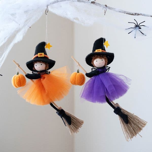 Halloween Witch Ornaments, Cute Angel Girl with Pumpkin, Broom & Tulle Skirt, Door Hanging Decor