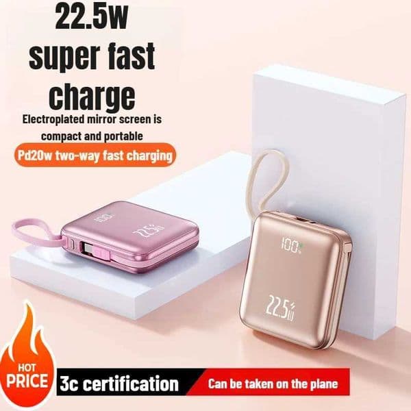 NEW 20000mAh CCC Mini Cute Power Bank with Built-in Cable and 225W Fast Charging Battery Pack for IPhone Samsung T260520