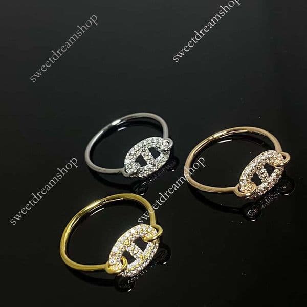 designer hermexs h rings new pig nose light luxury high-end V-plated gold ring, the same style as popular on social media, with full diamond inlay, ring for girls