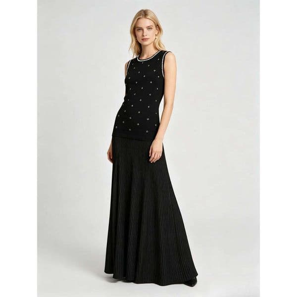 Versatile Black Pearl-Trimmed Knit Dress, Crew Neck Sleeveless Fitted A-Line Maxi Dress, Office & Casual Wear Daily Office Lady