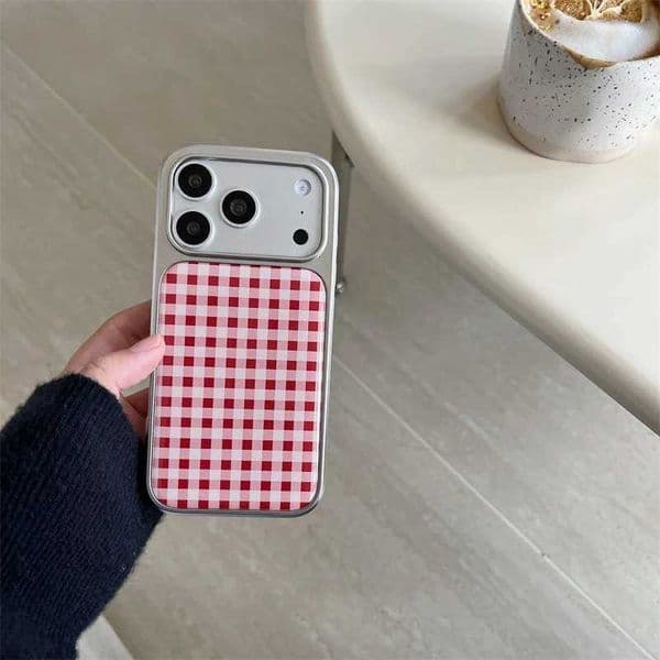 Red and White Grid Pattern Electroplated Drip Glue Phone Case For iPhone 17 Air 16 Pro Max 15 14 Plus 13 12 Pro 11 Back Cover Z260521