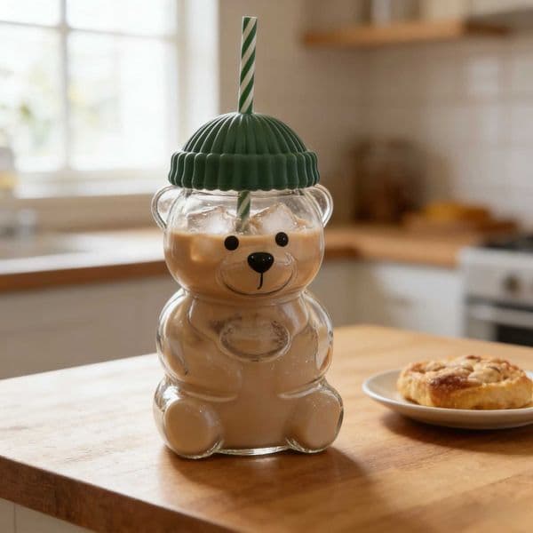 500ML Cartoon Bear Glass Cup with Straw Cute Transparent Coffee MugKawaii Milk Tea Water Tumbler Creative Drinkware for Gifts T260520
