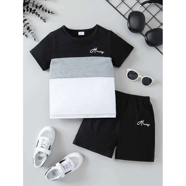 Summer Baby Boys Clothing Set Color Block Script Print Short Sleeve Tee & Elastic Waist Shorts 2Pcs Casual Playwear Toddler Kids 26Y0521