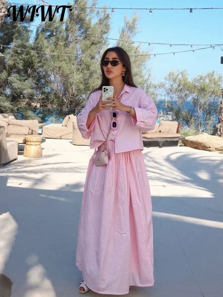 Solid Lapel Singlebreasted Shirt Skirts Suit Womens Pink Turndown Collar Full Sleeve Blouses Loose Long Skirt 2026 Spring Set 260521