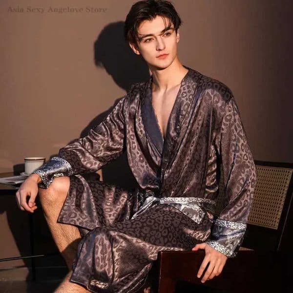 Male Leopard Print Sleepwear Robe Long Sleeve Ice Silk Bathrobe Kimono Gown Lingerie Mens Sexy Yukata Night Wear Loungewear X260520
