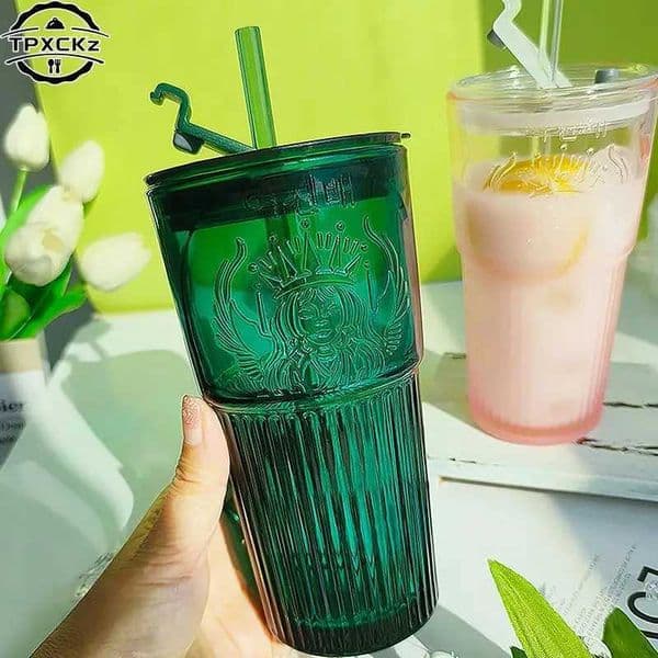 Milk Cup Green Goddess Model Water Cup Glass Cup With Lid and Straw Transparent Bubble Tea Cup Coffee Drinkware Dessert Cup T260520