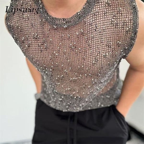 Party Fashion Mens Sleeveless T Shirts Vintage O Neck Hollow Out See Through Tank Tops Men 2026 Summer Sexy Transparent Camisole 260519