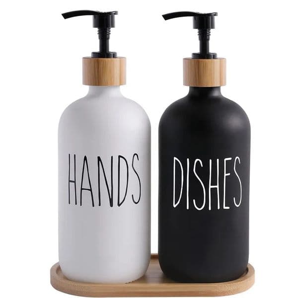 2026 Glass With Bamboo Pumps Tray 2 Pack 16Oz Dish And Hand Soap Dispenser Set For Kitchen Bathroom Free Shipping 03